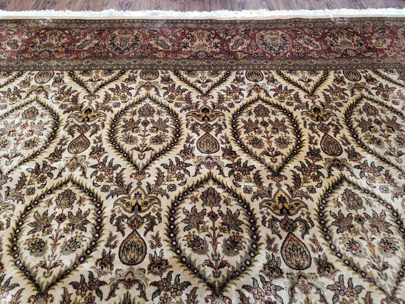 Vintage Indo Persian Area Rug 9x12, Wool Hand-Knotted Ivory & Dark Red Oriental Carpet, Fine Weave 9 x 12 Indian Rug, Dining Room Rug by Jewel Rugs