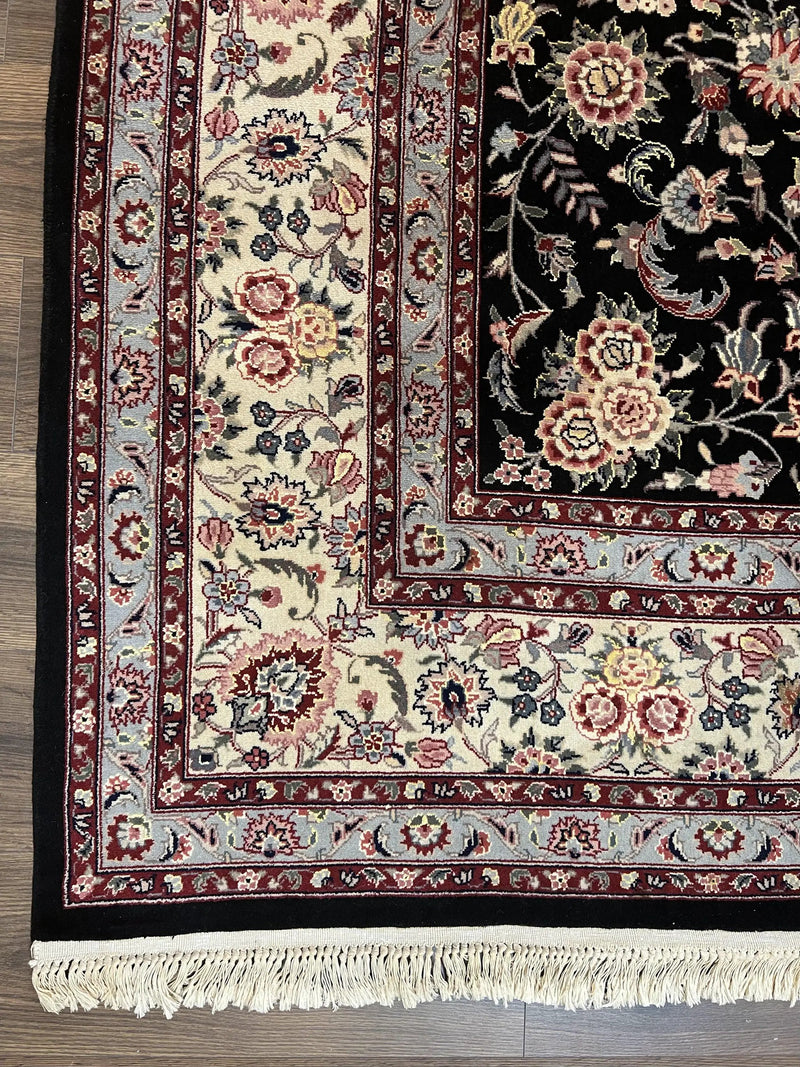 Pak Persian Rug 9x12, Floral Allover, Hand Knotted Oriental Carpet 9 x 12 ft, Black and Cream, Detailed, Wool with Silk Highlights, Vintage by Jewel Rugs