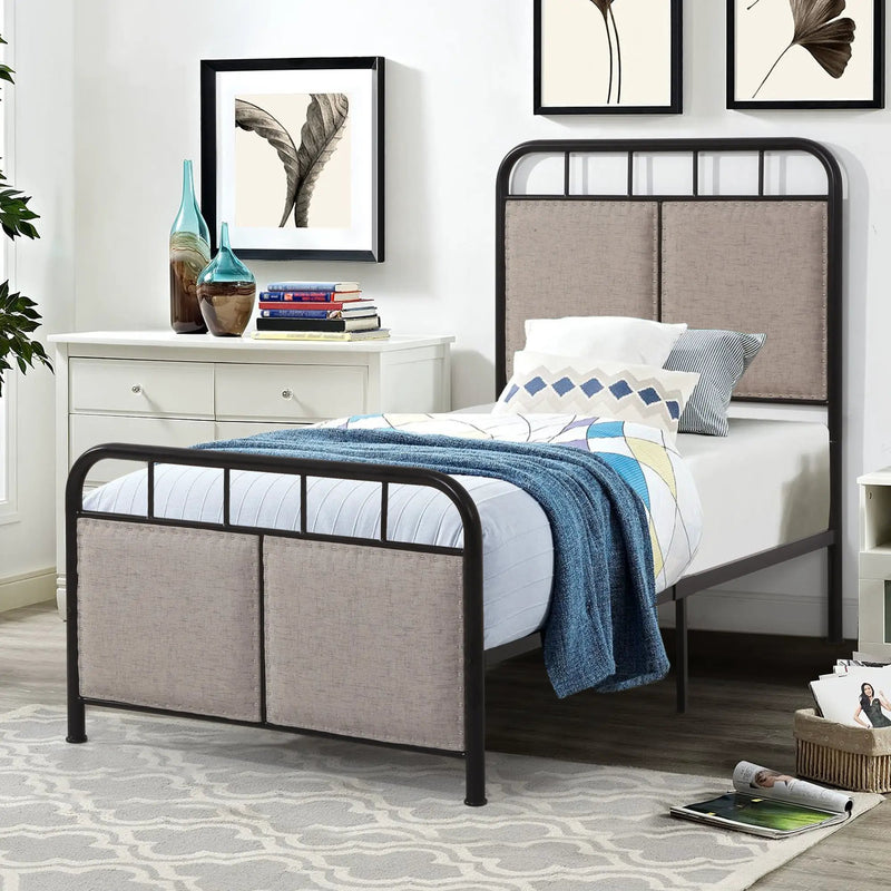 Twin Size Linen Upholstered Platform Metal Bed Frame with Fabric Headboard and Footboard by HouseOfZazla