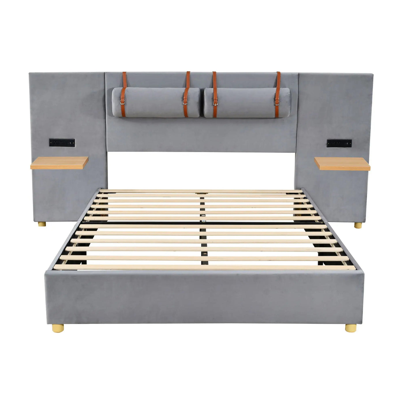 Upholstered Platform Bed, 2 Outlets And USB Charging Ports On Both Sides, 2 Bedside Pillows, Storage Shelves by Unique Piece Furniture