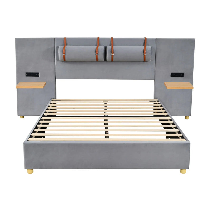 Upholstered Platform Bed, 2 Outlets And USB Charging Ports On Both Sides, 2 Bedside Pillows, Storage Shelves by HouseOfZazla
