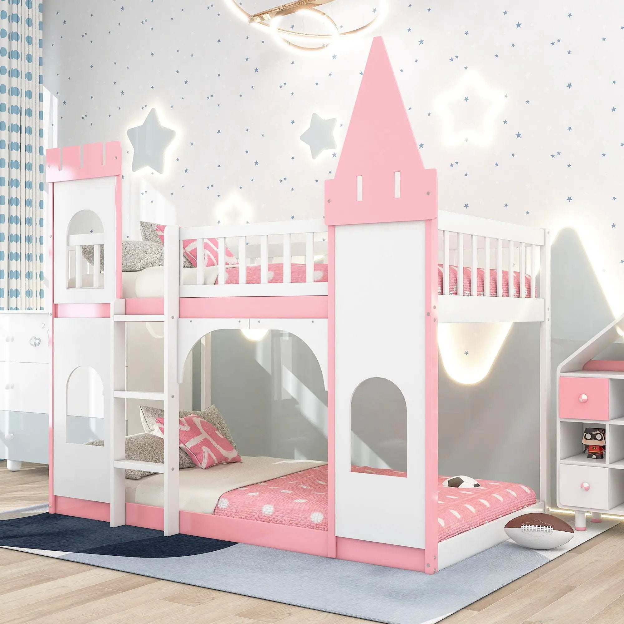 Twin Over Twin Castle Bunk Bed With Ladder - Pink by Unique Piece Furniture