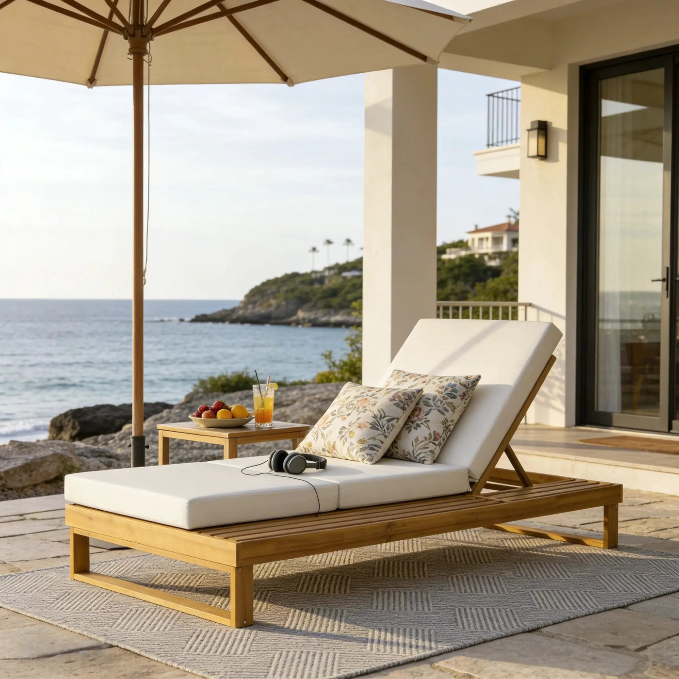 Teak Finish Acacia Wood Chaise Lounge with 4-Inch Cushion by HouseOfZazla