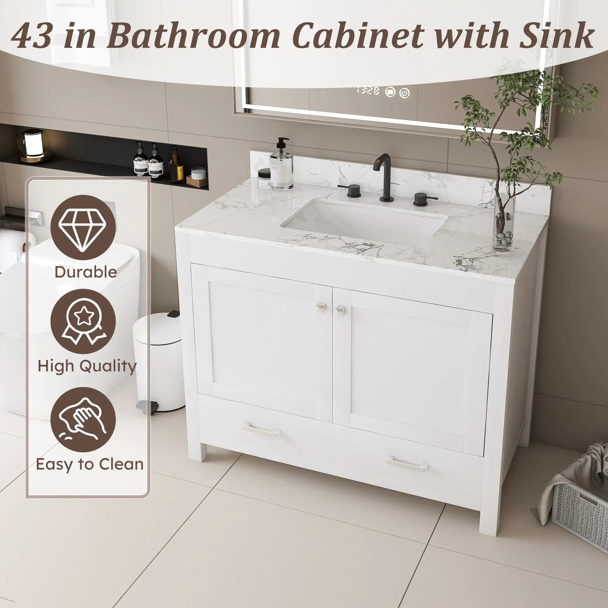 43" Bathroom Vanity With Artificial Marble Carrara Top Set, Multi Functional Bathroom Cabinet With Doors And Drawer - White by HouseOfZazla