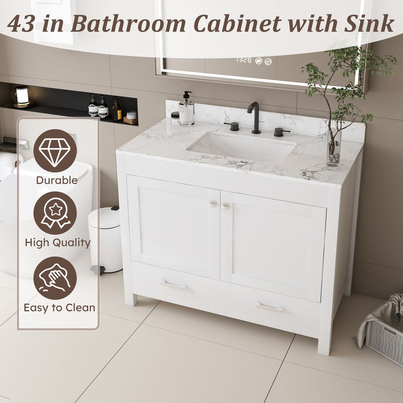 43" Bathroom Vanity With Artificial Marble Carrara Top Set, Multi Functional Bathroom Cabinet With Doors And Drawer - White by HouseOfZazla