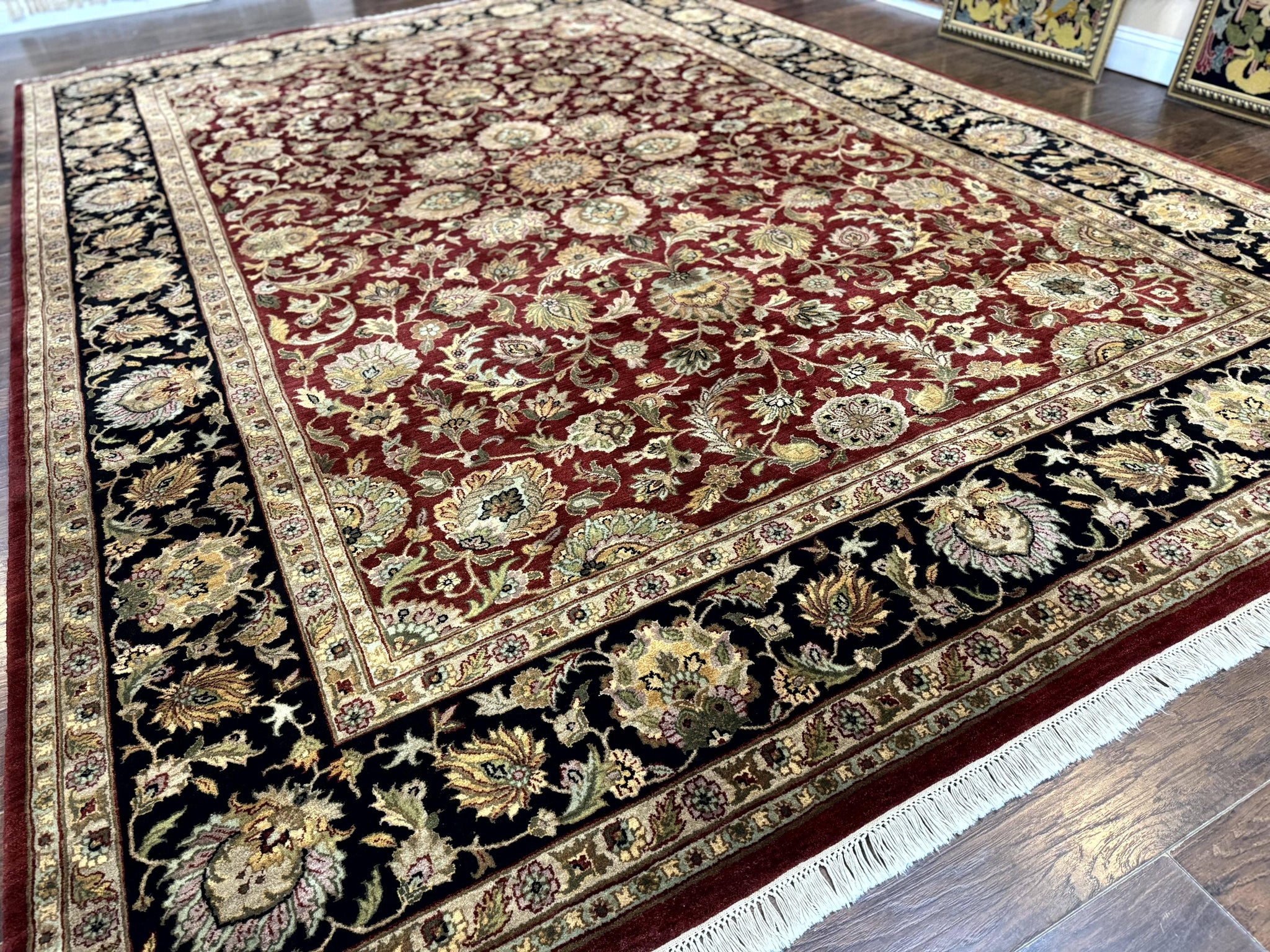 Indian Agra Rug 10x14, Traditional Oriental Carpet, Room Sized Wool Area Rug, Floral, Maroon by Jewel Rugs
