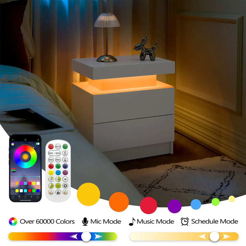 Modern LED Bedside Table Cabinet With Adjustable Lights And 2 Drawers - White by Unique Piece Furniture