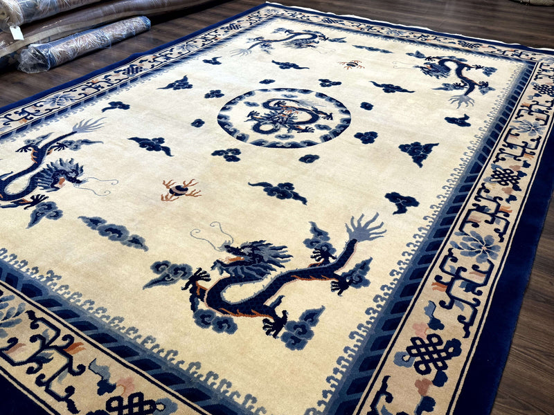 Chinese Dragon Peking Rug 8 x 11.6, Ivory and Blue, Chinese Wool Rug, Vintage by Jewel Rugs