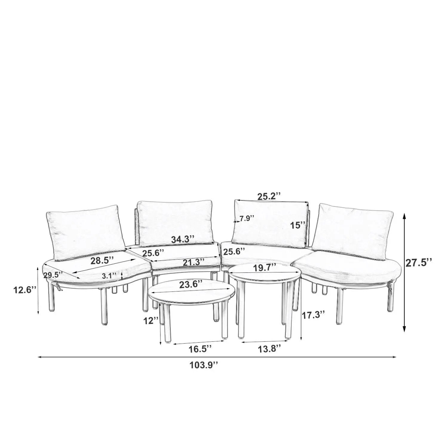 6 Piece Patio Set, Half Moon Outdoor Sectional Sofa With 2 High Low Coffee Tables, 4 Pillows & Cushions by Unique Piece Furniture