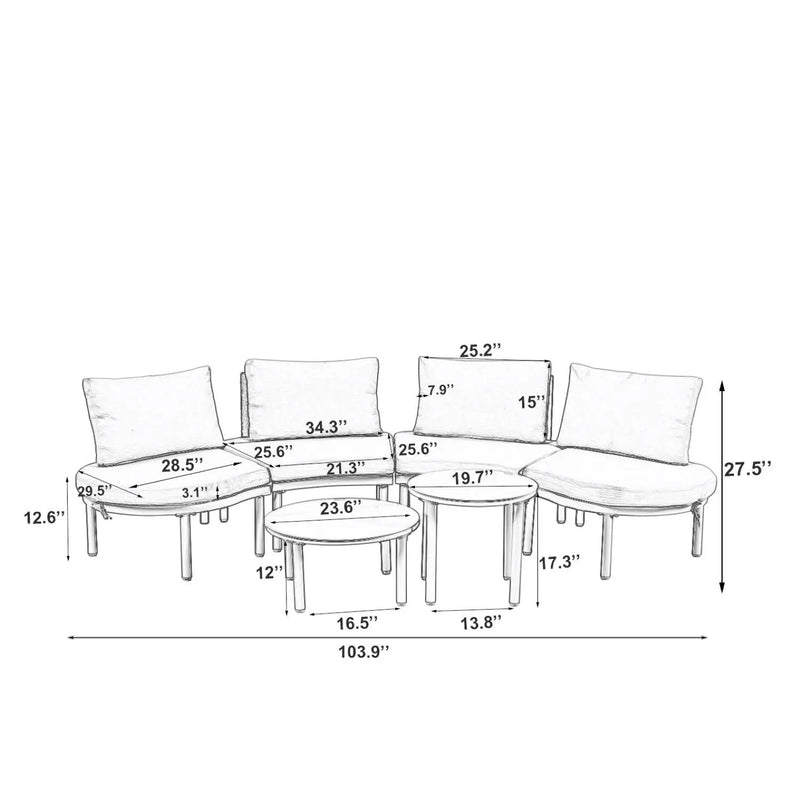 6 Piece Patio Set, Half Moon Outdoor Sectional Sofa With 2 High Low Coffee Tables, 4 Pillows & Cushions by Unique Piece Furniture