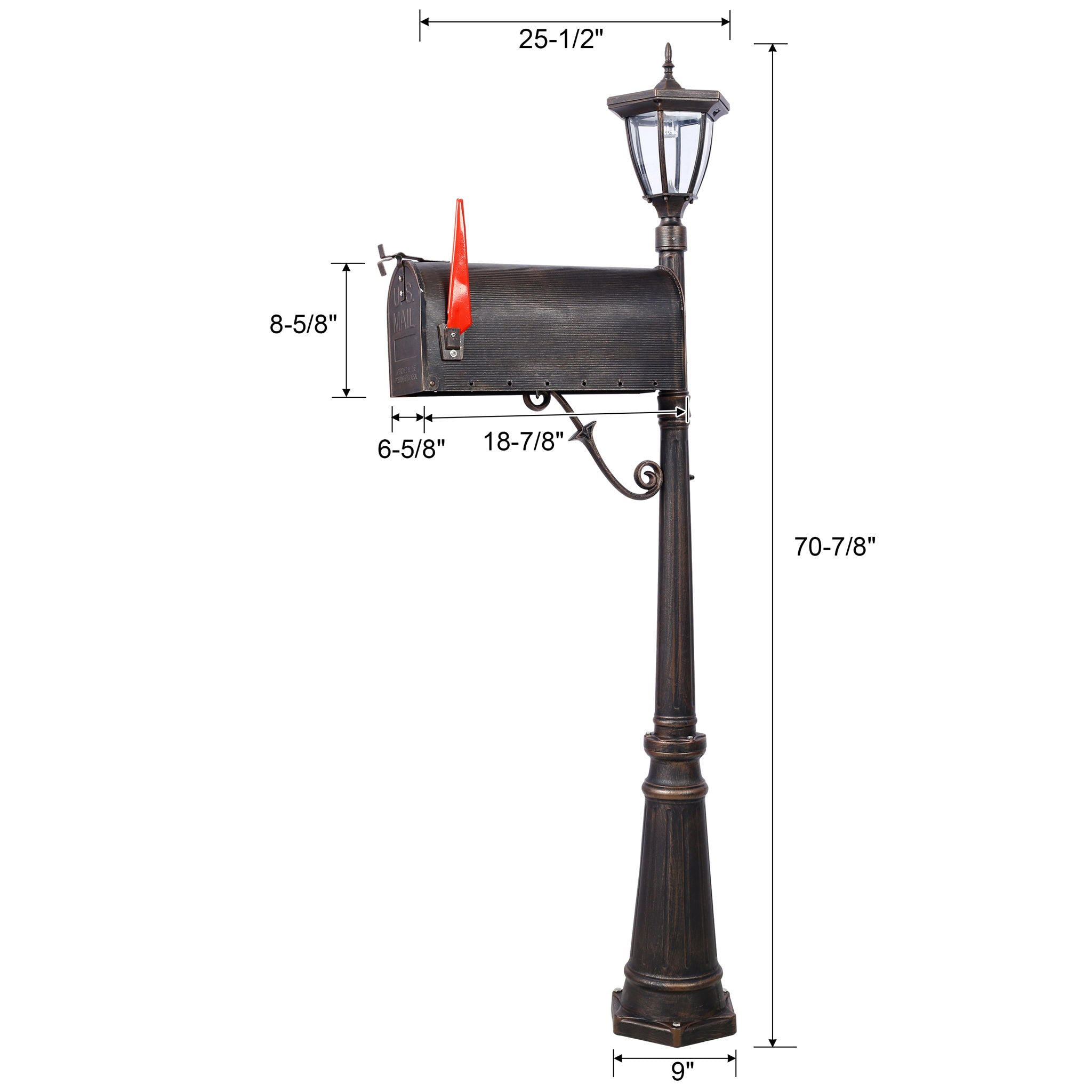 Stratford - Heavy Duty Cast Aluminum Mailbox With Post And Solar Light, Fluted Base, Decorative Modern Mailbox - Brown by HouseOfZazla