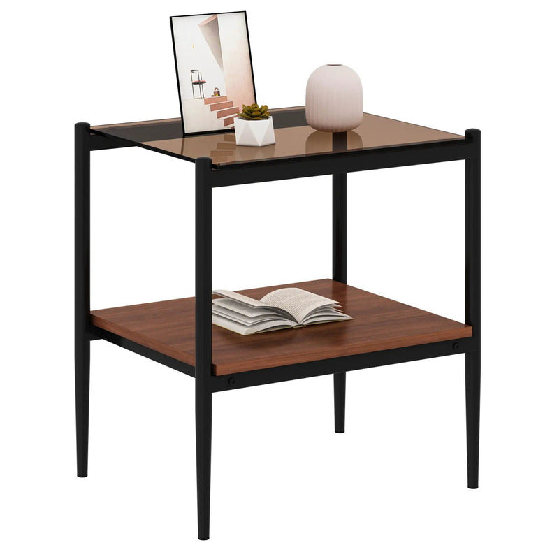 Modern Rectangle End Table (Set of 2) With Tempered Glass Tabletop And Layer - Brown by Unique Piece Furniture