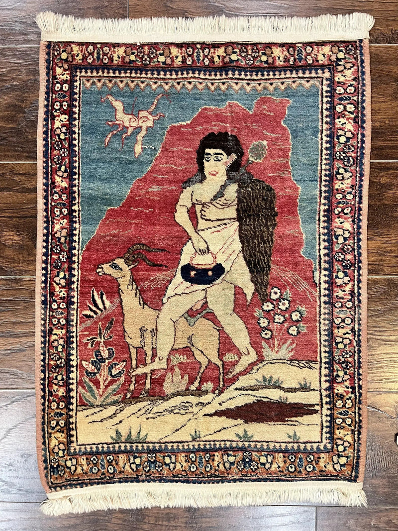 Antique Persian Kirman Rug 2 x 2.5, Small Hand Knotted Wool Carpet, Lavar Rug, Shepherd with Ram Pictorial Rug #1 by Jewel Rugs