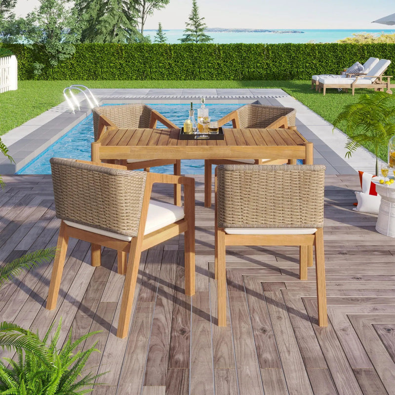 Outdoor Dining Set 1 Table 4 Chairs (Set of 5) - Teak / Beige by HouseOfZazla