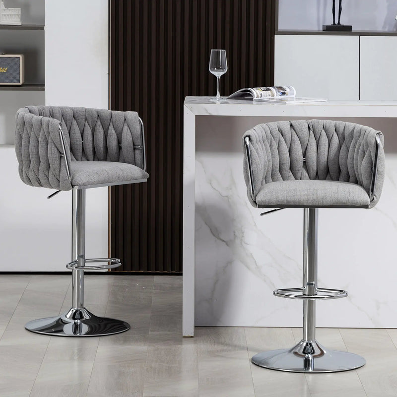 360 Degree Swivel Bar Stools Adjustable Counter Height Bar Chairs With Woven Back & Footrest, Silver Chromed Bar Stools For Kitchen Island (Set of 2) - Gray by HouseOfZazla