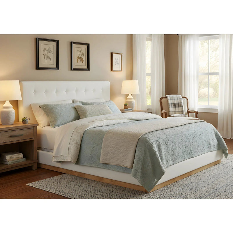 Solid Rubber Wood Platform Bed with Upholstered Headboard by HouseOfZazla
