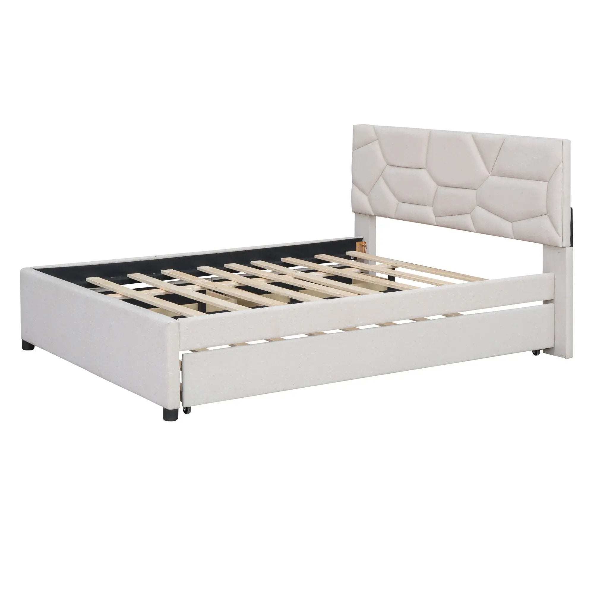 Upholstered Platform Bed With Brick Pattern Headboard And Twin Long Size Trundle by HouseOfZazla