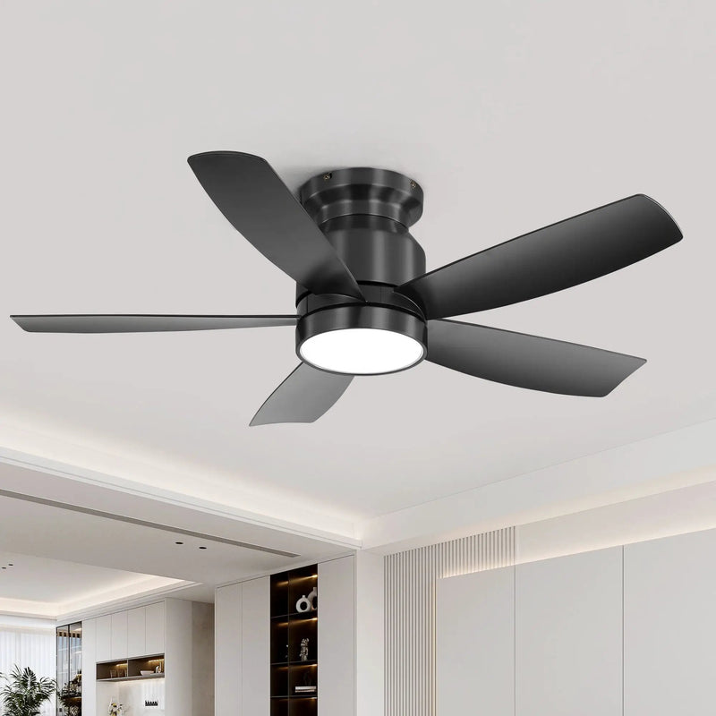 Flush Mount Ceiling Fan With 18W LED Light And Remote Control Blades - Black by Unique Piece Furniture