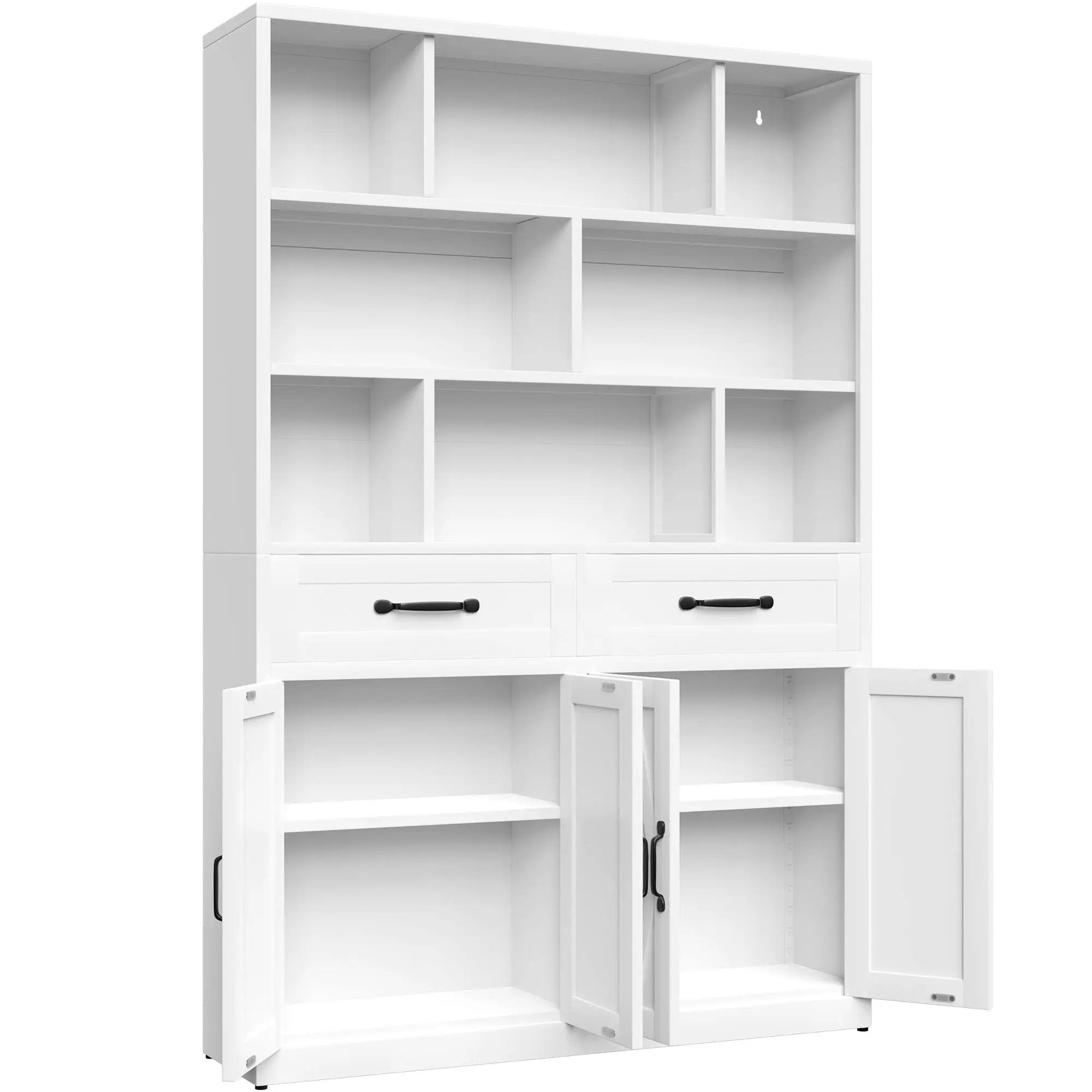 Bookcase Tall With 2 Doors & 2 Drawers, Fixed Open Shelves - White by HouseOfZazla