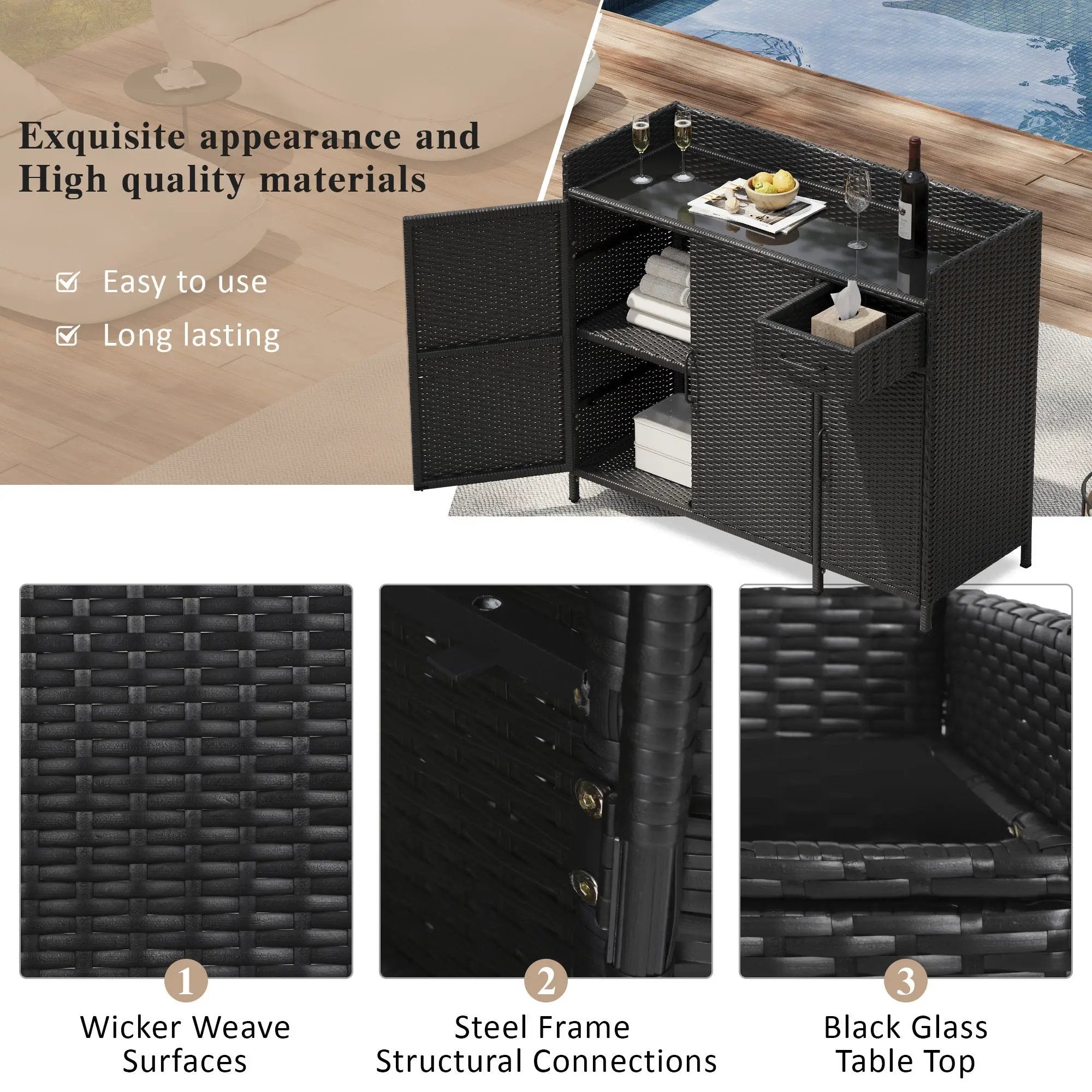K&K 47.5"W Wicker Outdoor Storage Cabinet with Tempered Glass Top by HouseOfZazla