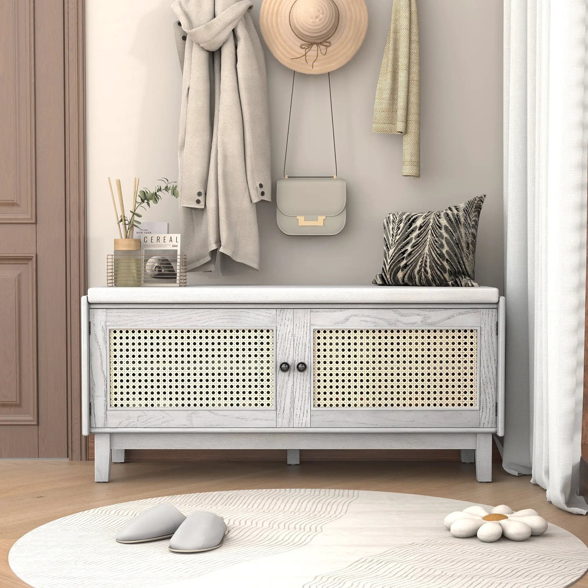 TREXM Boho Rattan Entryway Bench with Storage by HouseOfZazla