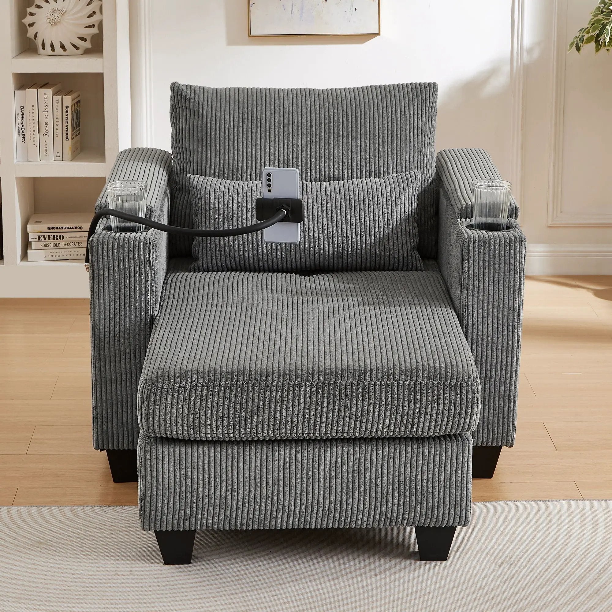 Convertible Chaise Lounge Sofa Chair With USB Ports, Cup Holders, Phone Holder And Storage by HouseOfZazla
