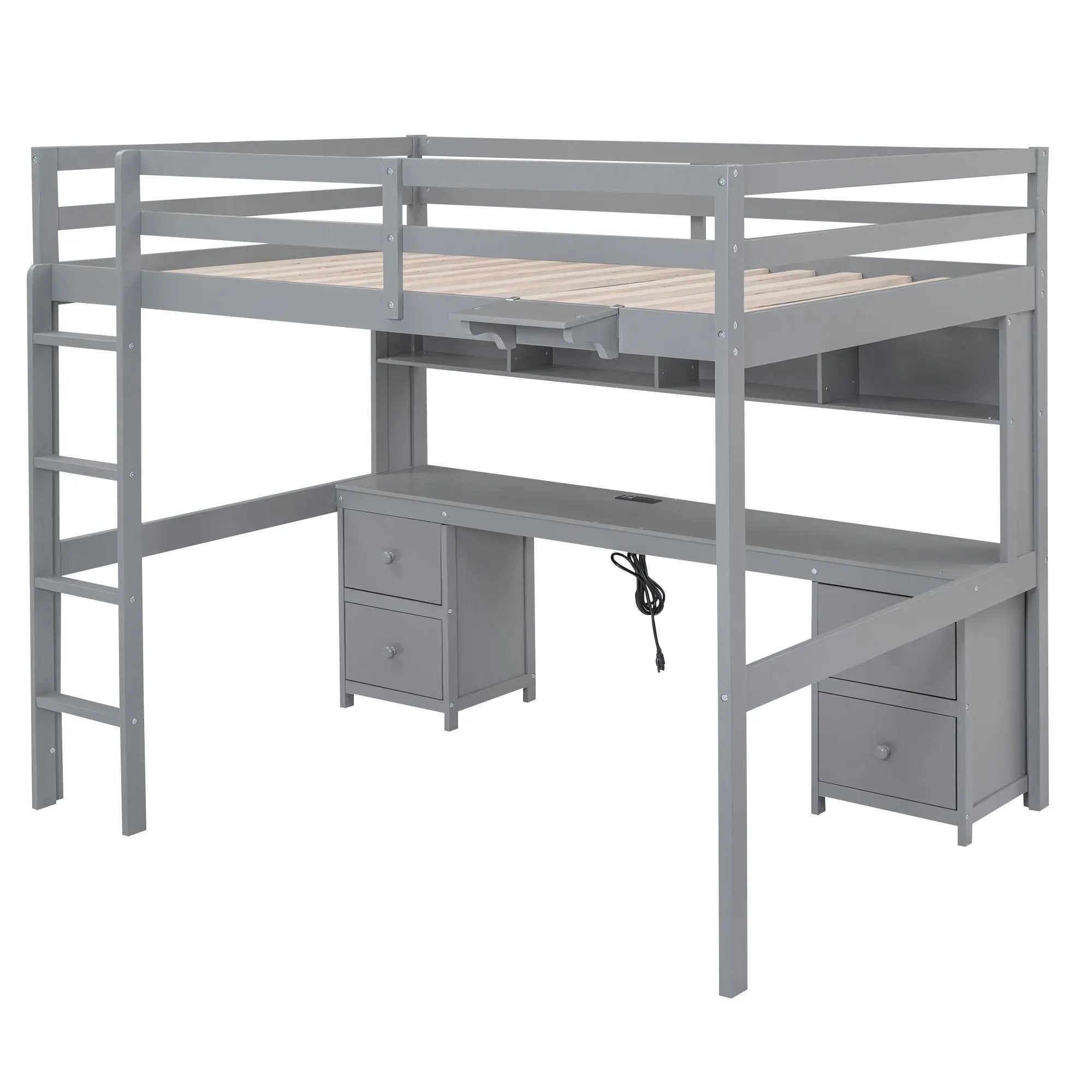 Loft Bed With Desk, Cabinets, Drawers, Charging Station And Bedside Tray