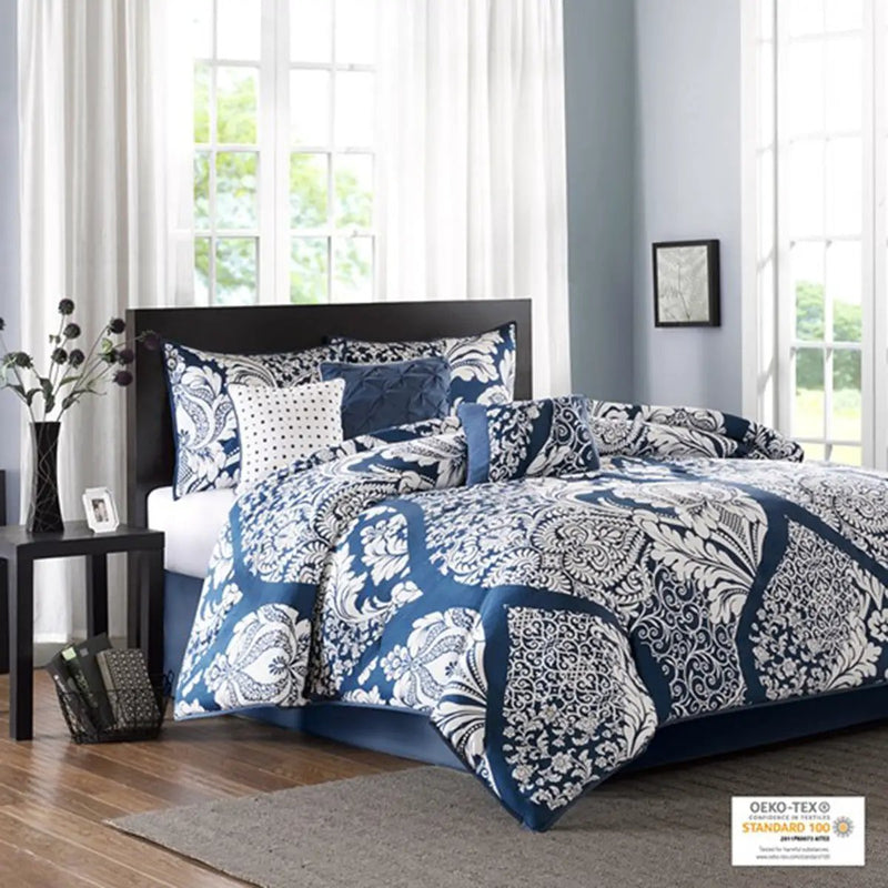 7 Piece Cotton Printed Comforter Set - Indigo - Cal King by HouseOfZazla