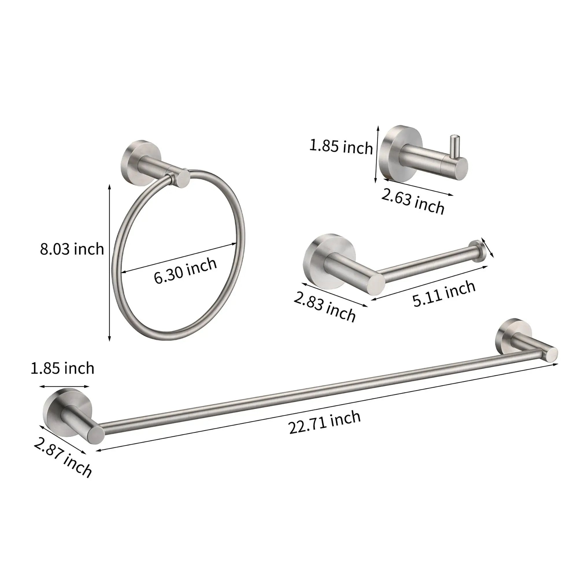 Bathroom Set 4 Pack With Towel Bar Racks, Toilet Paper Holder, Ring, Hook, Stainless Steel - Brushed Nickel by HouseOfZazla
