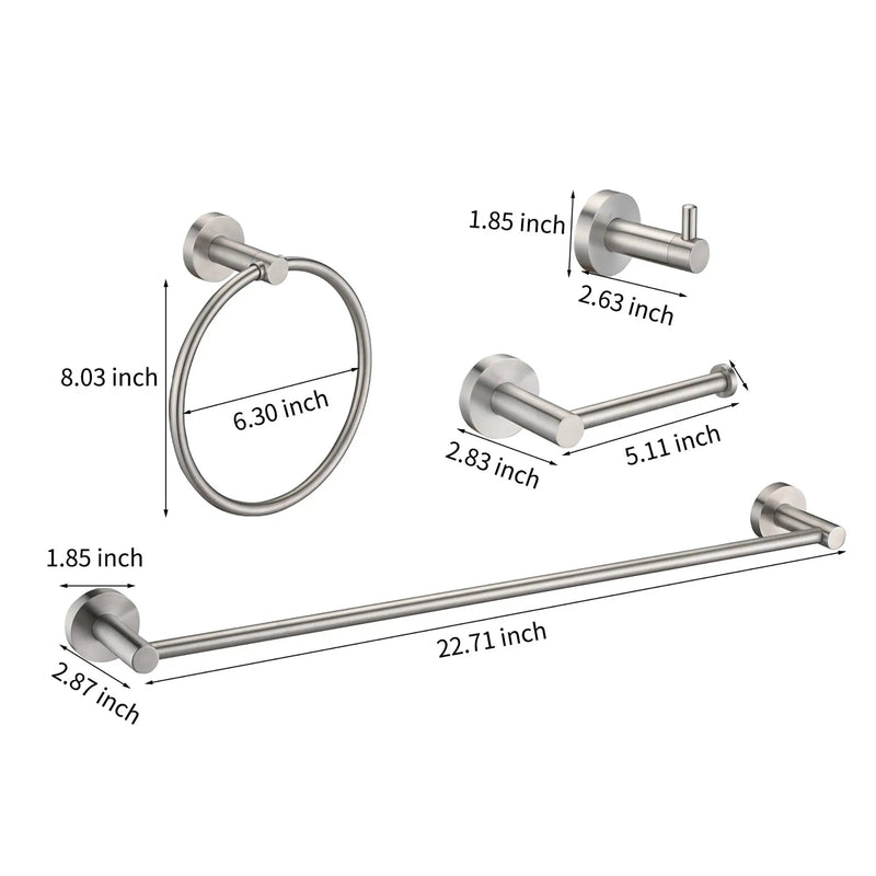 Bathroom Set 4 Pack With Towel Bar Racks, Toilet Paper Holder, Ring, Hook, Stainless Steel - Brushed Nickel by HouseOfZazla