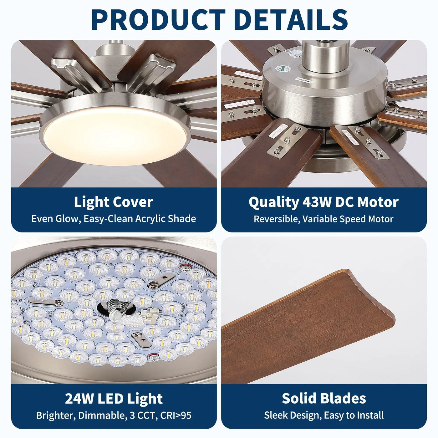 Large Ceiling Fan With Dimmable LED Light 8 Blades Remote Control, Reversible DC Motor by HouseOfZazla