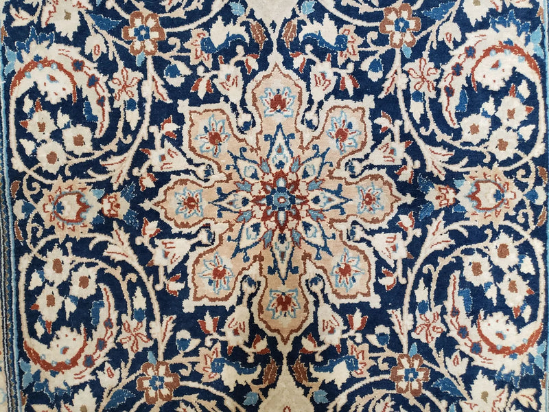 Persian Nain Rug 4x6, Ivory and Blue, Hand-Knotted, Wool & Silk by Jewel Rugs