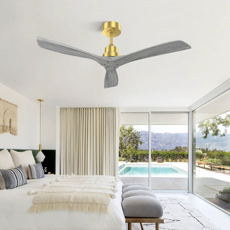 Indoor Ceiling Fan Without Light 3 Solid Wood Blades Remote Control Reversible Dc Motor - Gold by HouseOfZazla