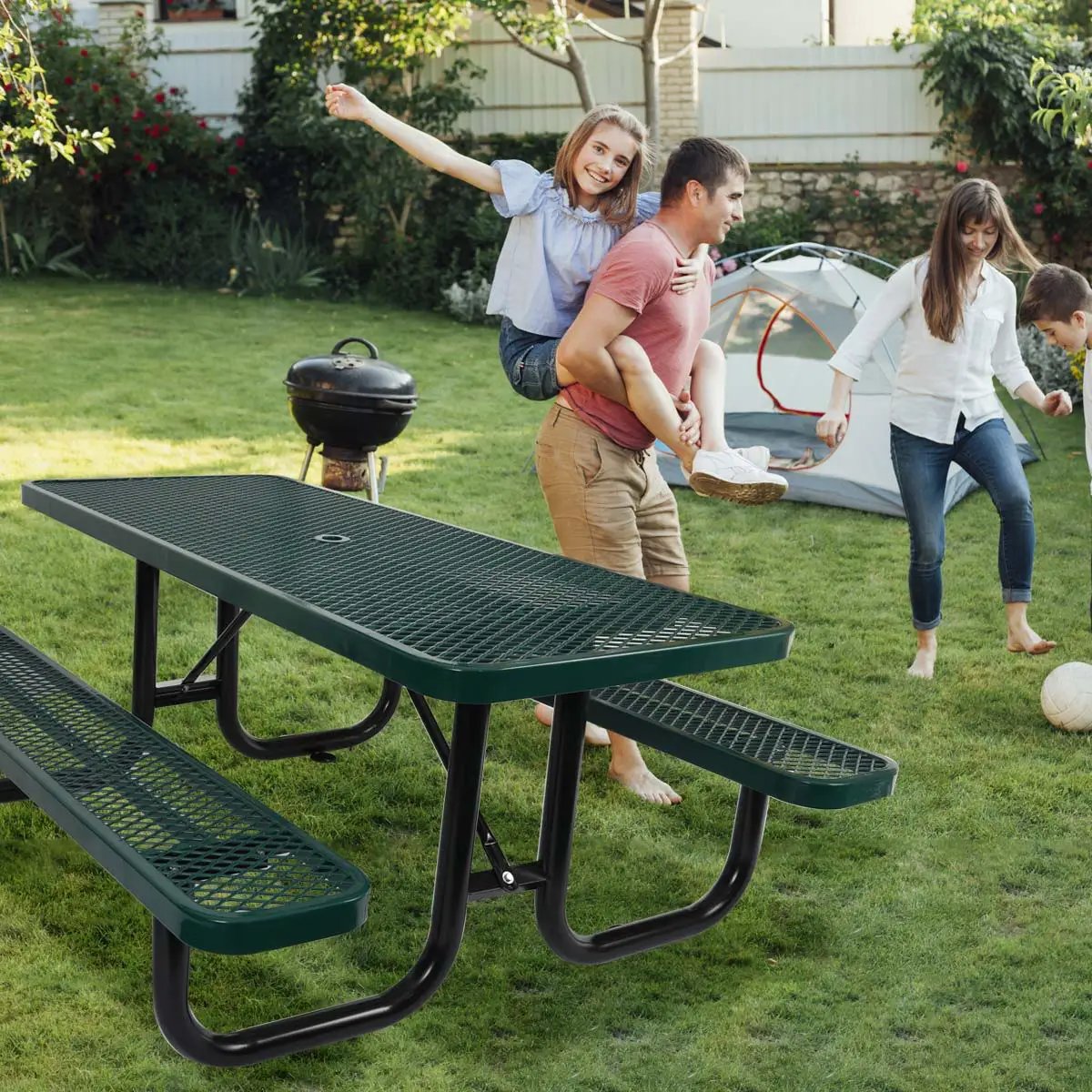 Outdoor Steel Picnic Rectangular Table With Umbrella Pole by Unique Piece Furniture