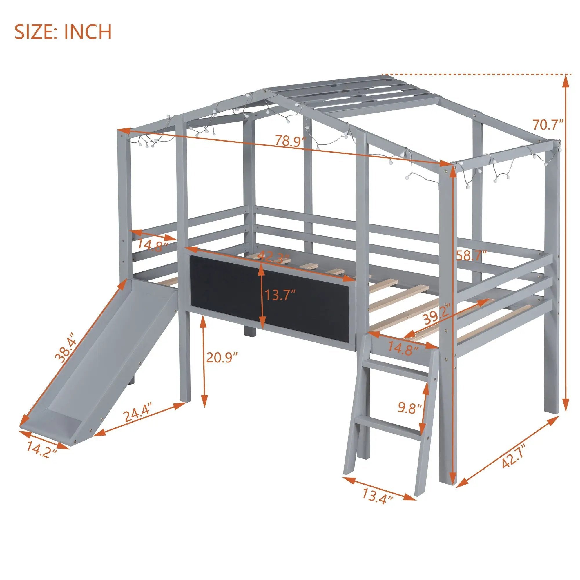 Loft House Bed With Ladder And Slide, With board And Light Strip On The Roof by HouseOfZazla