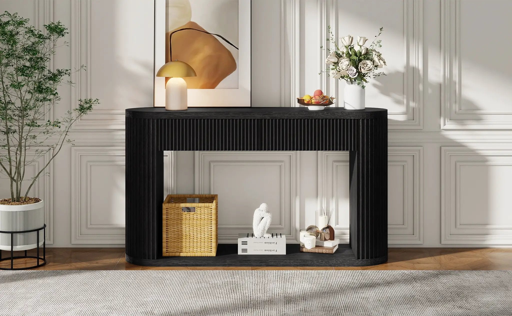 TREXM Oval Fluted Console Table with 2 Drawers and Bottom Shelf by HouseOfZazla