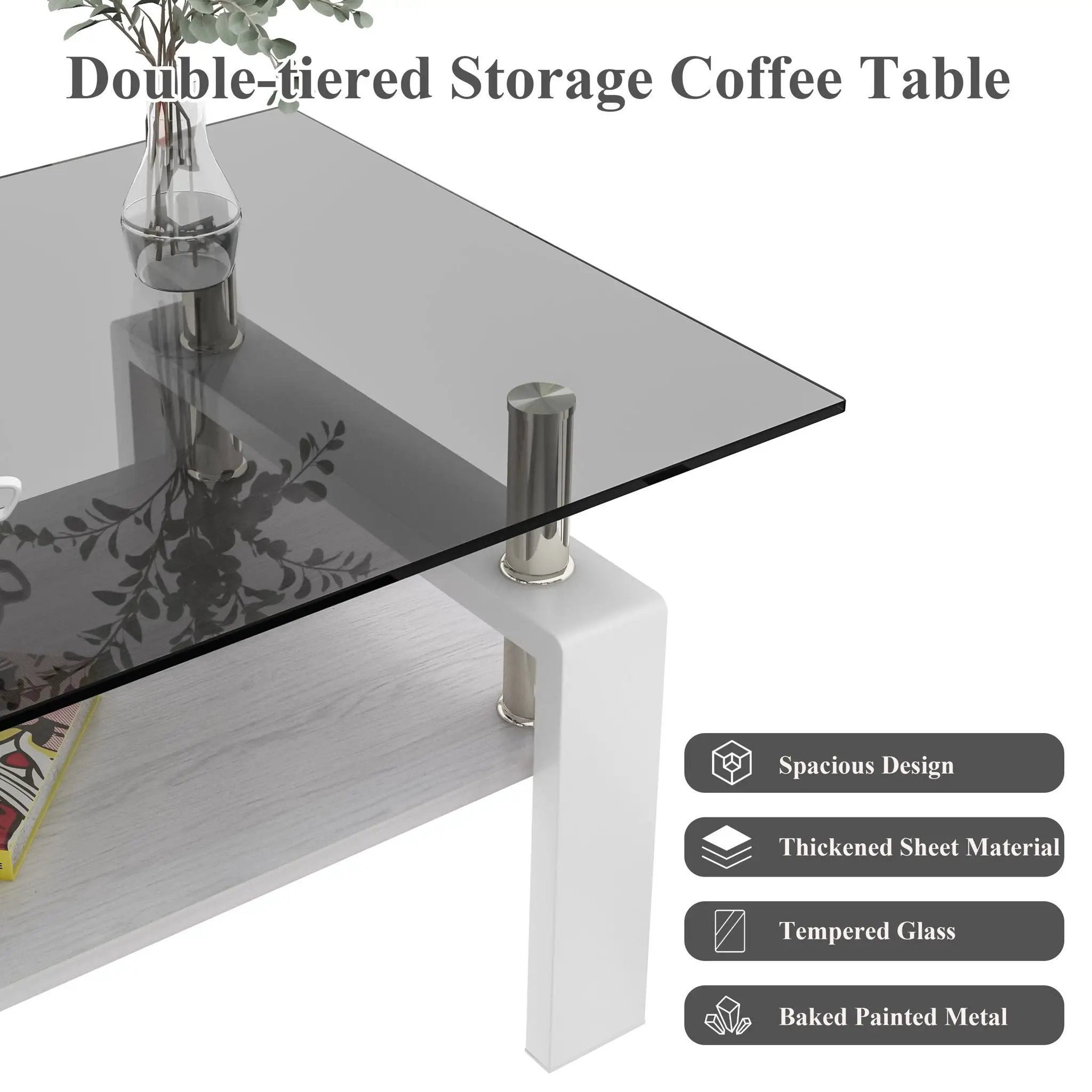 Modern Rectangular Coffee Table With Tempered Transparent Glass Top And Storage Shelf by Unique Piece Furniture