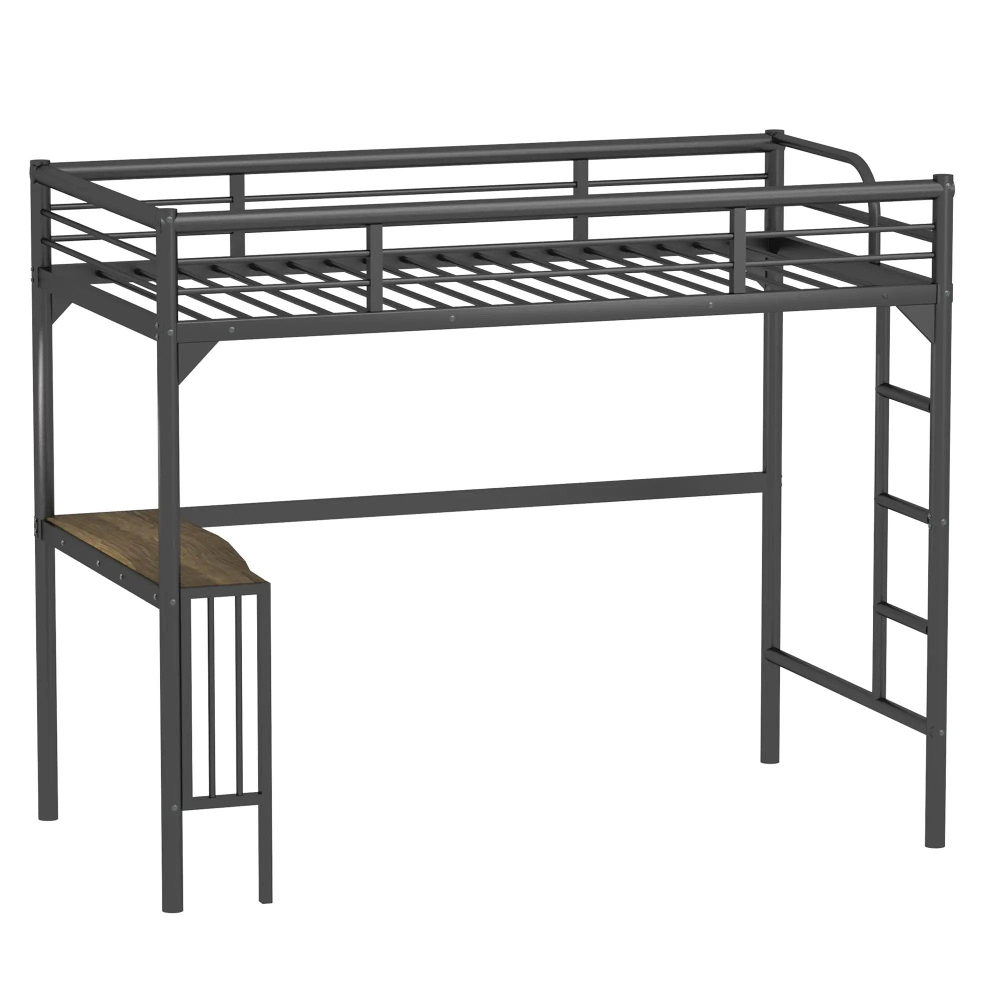 Twin Metal Loft Bed With Desk, Ladder And Guardrails, Bookdesk Under Bed - Black by HouseOfZazla