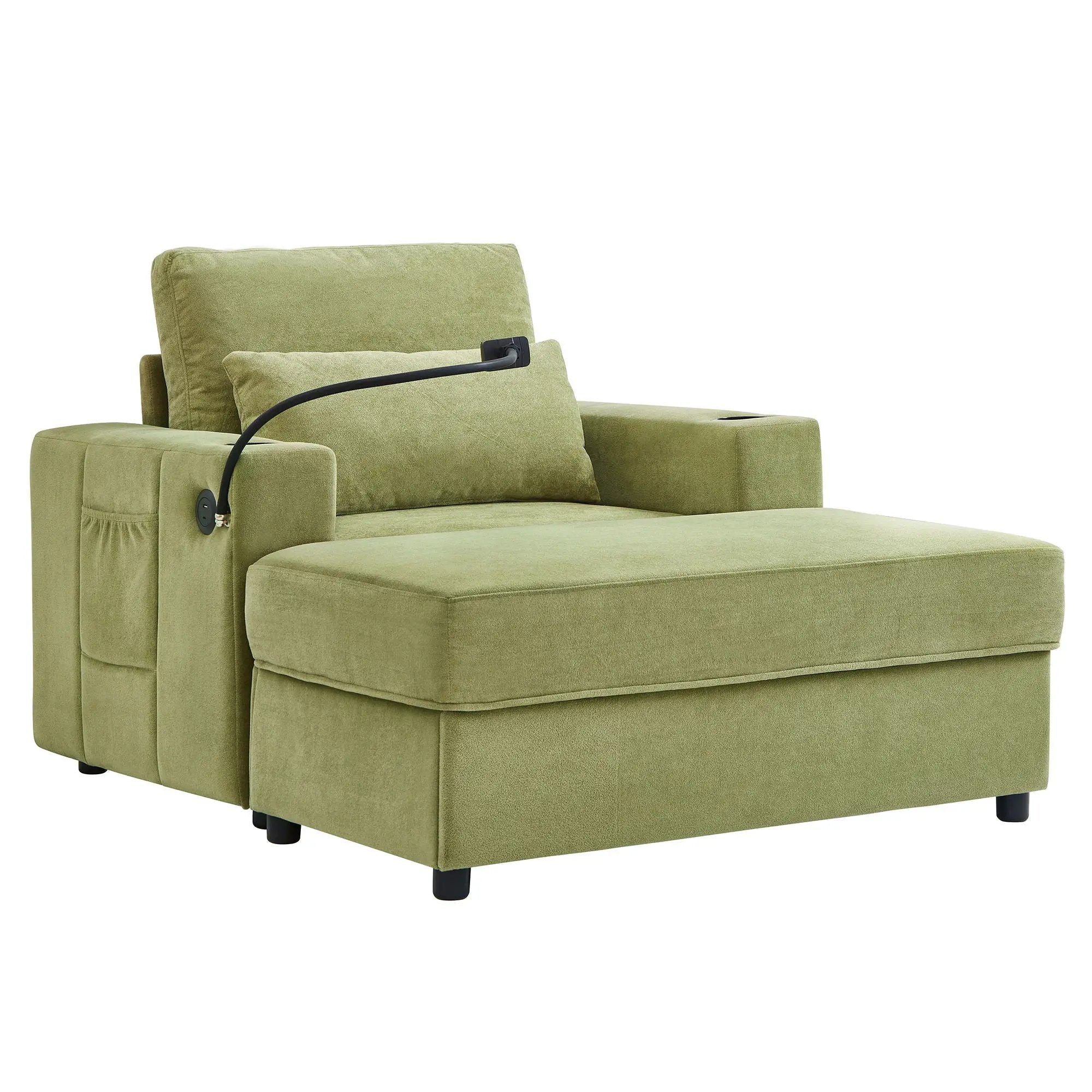 Modern Style Armchair Chaise Lounge Sofa Couch With Movable Storage Ottoman, USB Ports, Cup Holders, Phone Holder, Side Pockets by HouseOfZazla