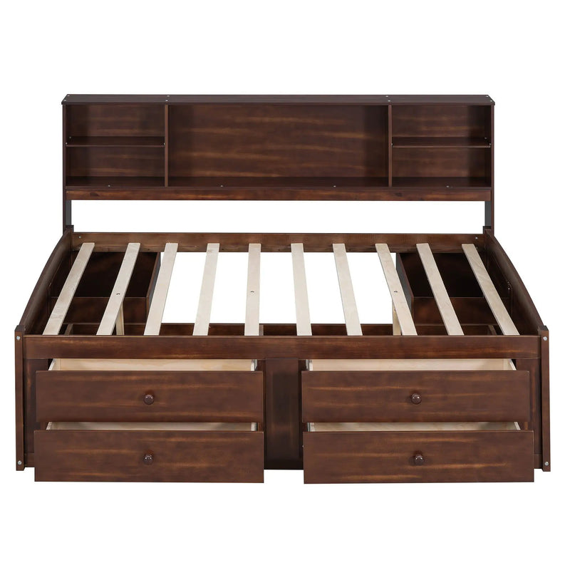 Full Size Captain Bed With Built In Storage Shelves, 4 Drawers And 2 Cabinets - Antique Brown by HouseOfZazla
