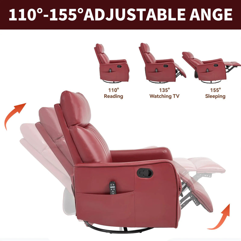 Red Faux Leather Heat Massage Manual Recliner Chair with Rocker and Swivel by HouseOfZazla