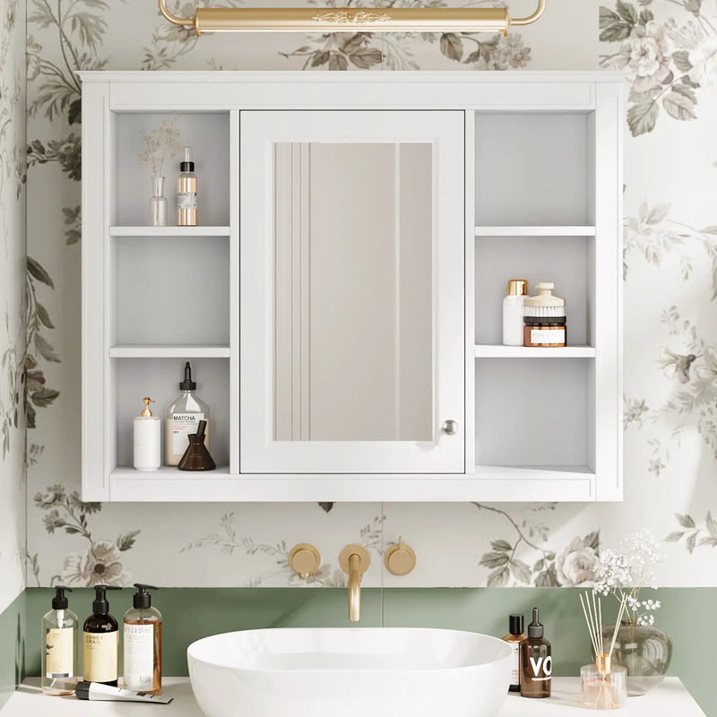 Wall Mounted Medicine Cabinet With Mirror, Storage Cabinet Featuring 6 Open Shelves And Adjustable Interior by HouseOfZazla