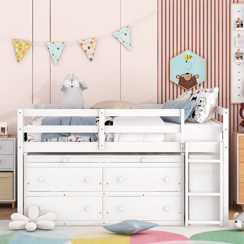 Loft Bed With Retractable Writing Desk And 4 Drawers, With Lateral Portable Desk And Shelves by HouseOfZazla