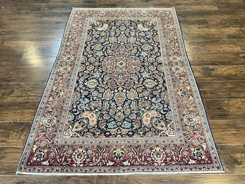 Persian Kashan Rug 4x7, Floral Medallion Vintage Handmade Hand Knotted Navy Blue & Red Wool Oriental Carpet, Highly Detailed Semi Antique Rug by Jewel Rugs
