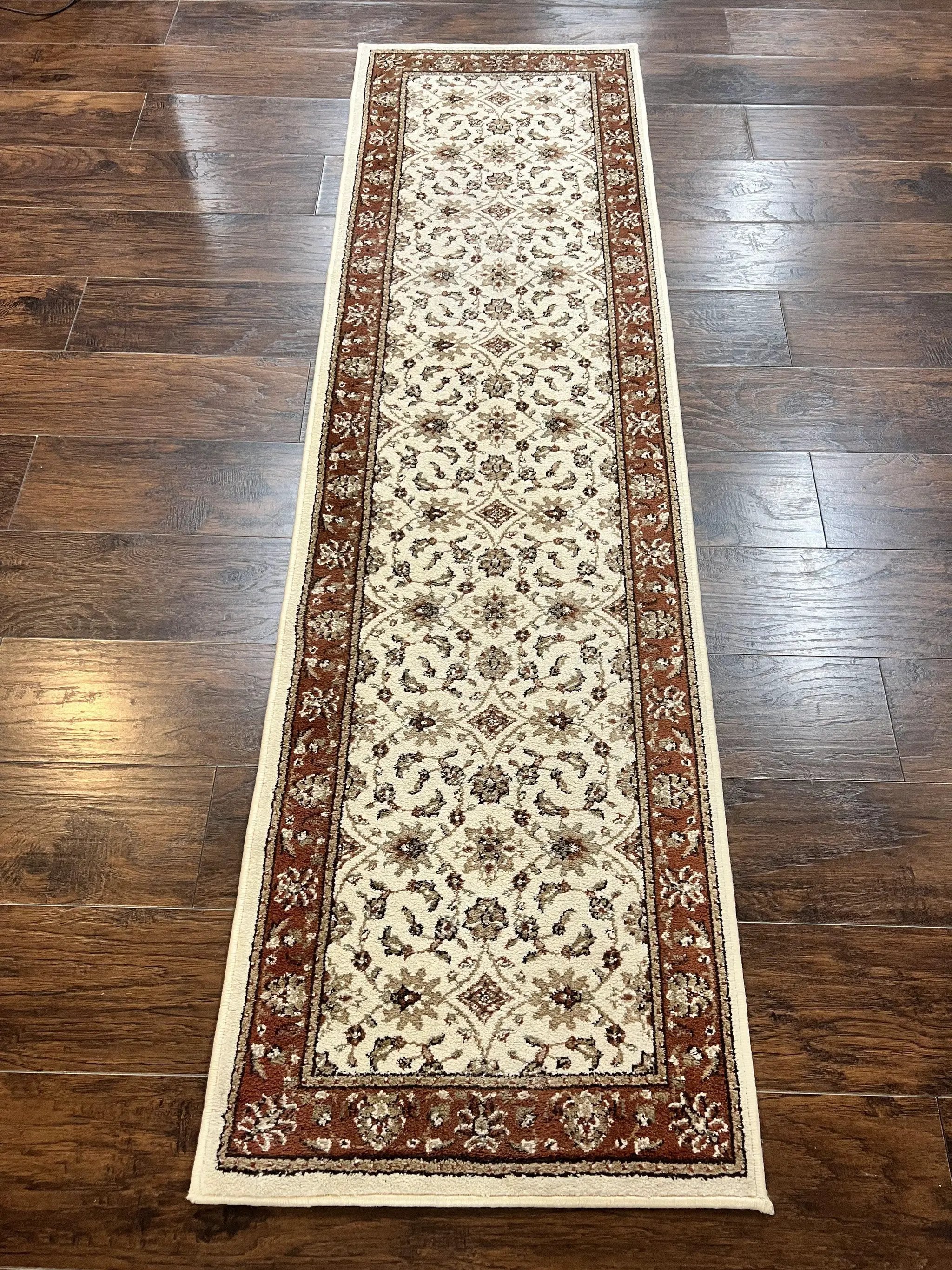 Runner Rug 2 x 7.6, Skinny Runner, Oriental Rug for Hallway, Ivory & Rust Red, Floral Allover by Jewel Rugs