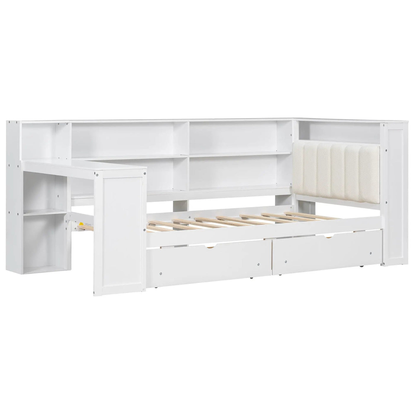 Platform Bed With Upholstered Headboard, Storage Shelves, Drawers, Charging Station, LED Lighting, Built In Desk by HouseOfZazla