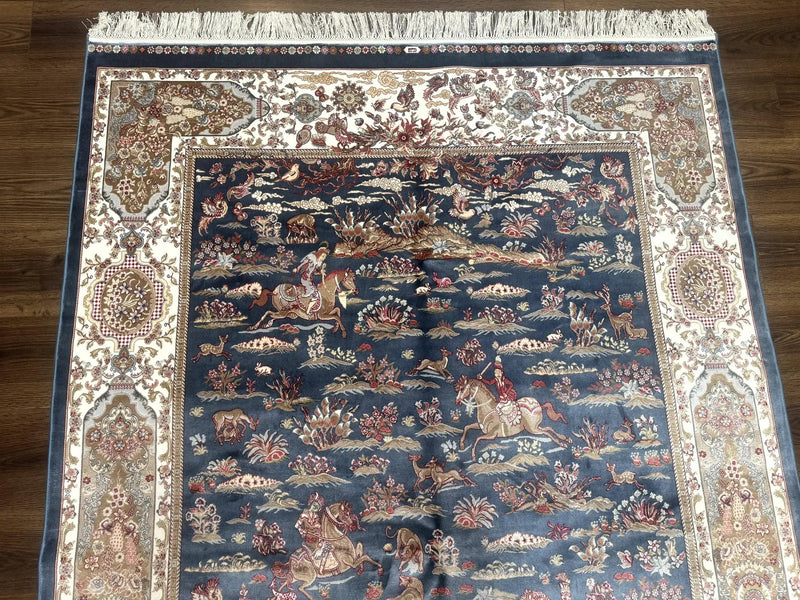 Turkish Silk Rug 5x8, Hunting Design, Animal Pictorials, Steel Blue & Ivory, Bamboo Silk by Jewel Rugs