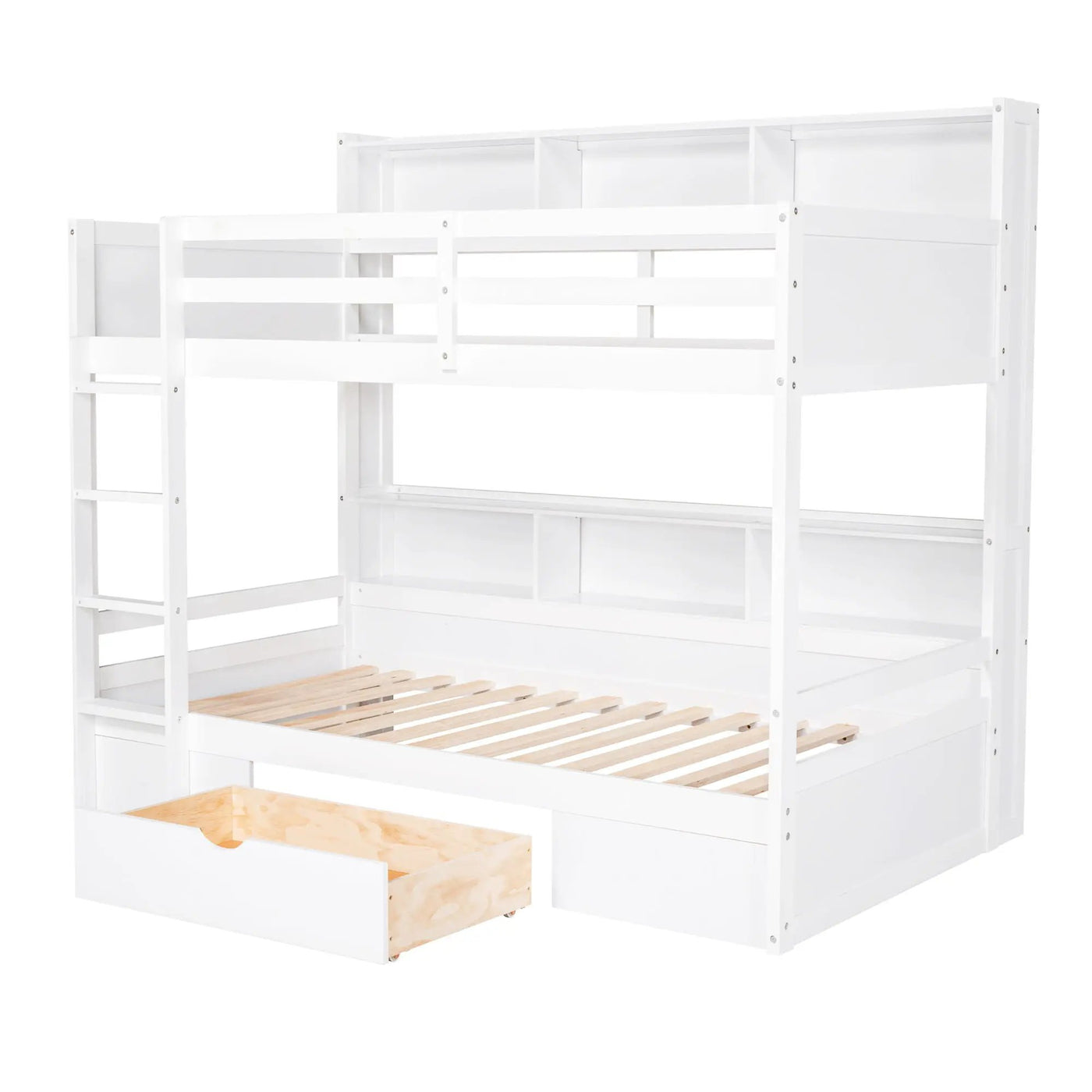 Twin Size Bunk Bed With Built-In Shelves Beside Both Upper And Down Bed And Storage Drawer by HouseOfZazla