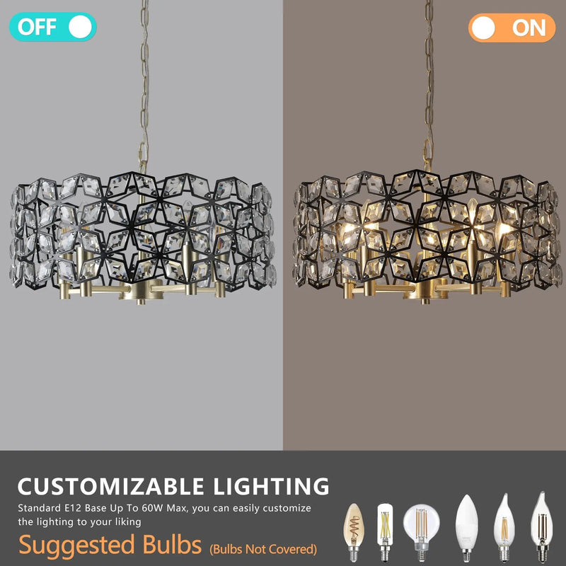 19" Geometric Crystal and Black Gold Round Pendant Chandelier by HouseOfZazla