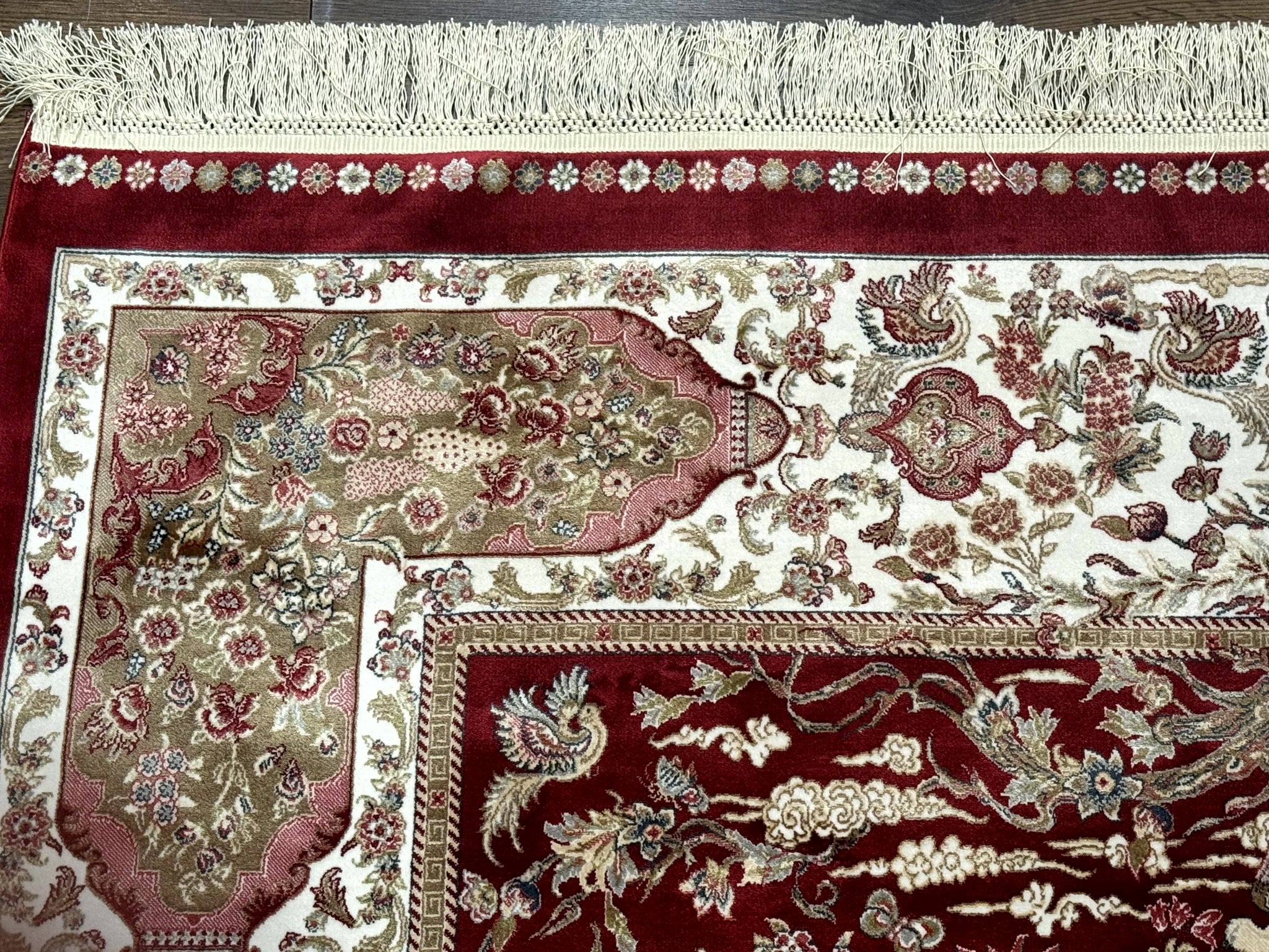 Turkish Silk Hunting Scene Rug 5 x 7.6, Red & Ivory, Bamboo Silk, New by Jewel Rugs
